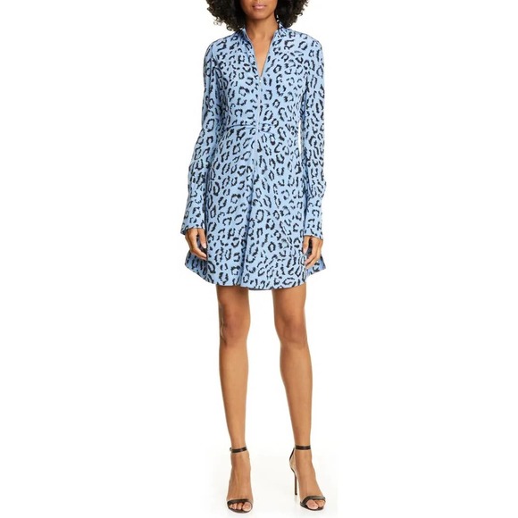 A.L.C. Marcella Leopard Print Long Sleeve Blue Silk Mini Dress Size 6 - Picture 1 of 7